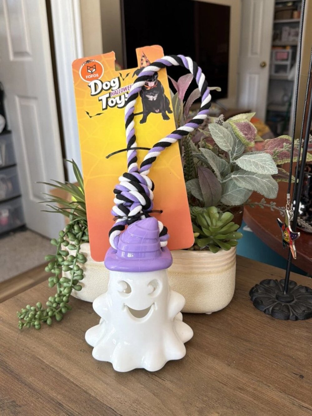 Fofos Halloween Ghost Dog Toy - Fetch Toy - Rubber/Rope - White/Purple